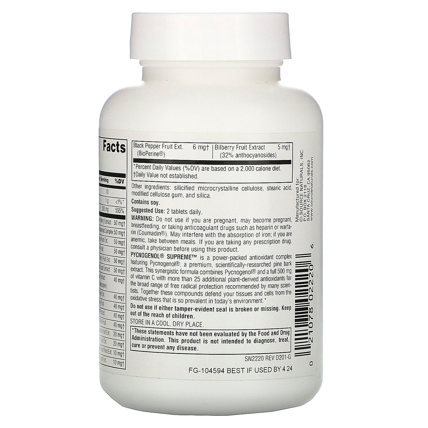 Source Naturals, Pycnogenol® Supreme™, 60 Tablets UPC 021078022206 | Hilife Vitamins