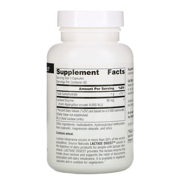 Source Naturals, Lactase Digest 30 mg, 180 Capsules UPC 021078023685 | Hilife Vitamins