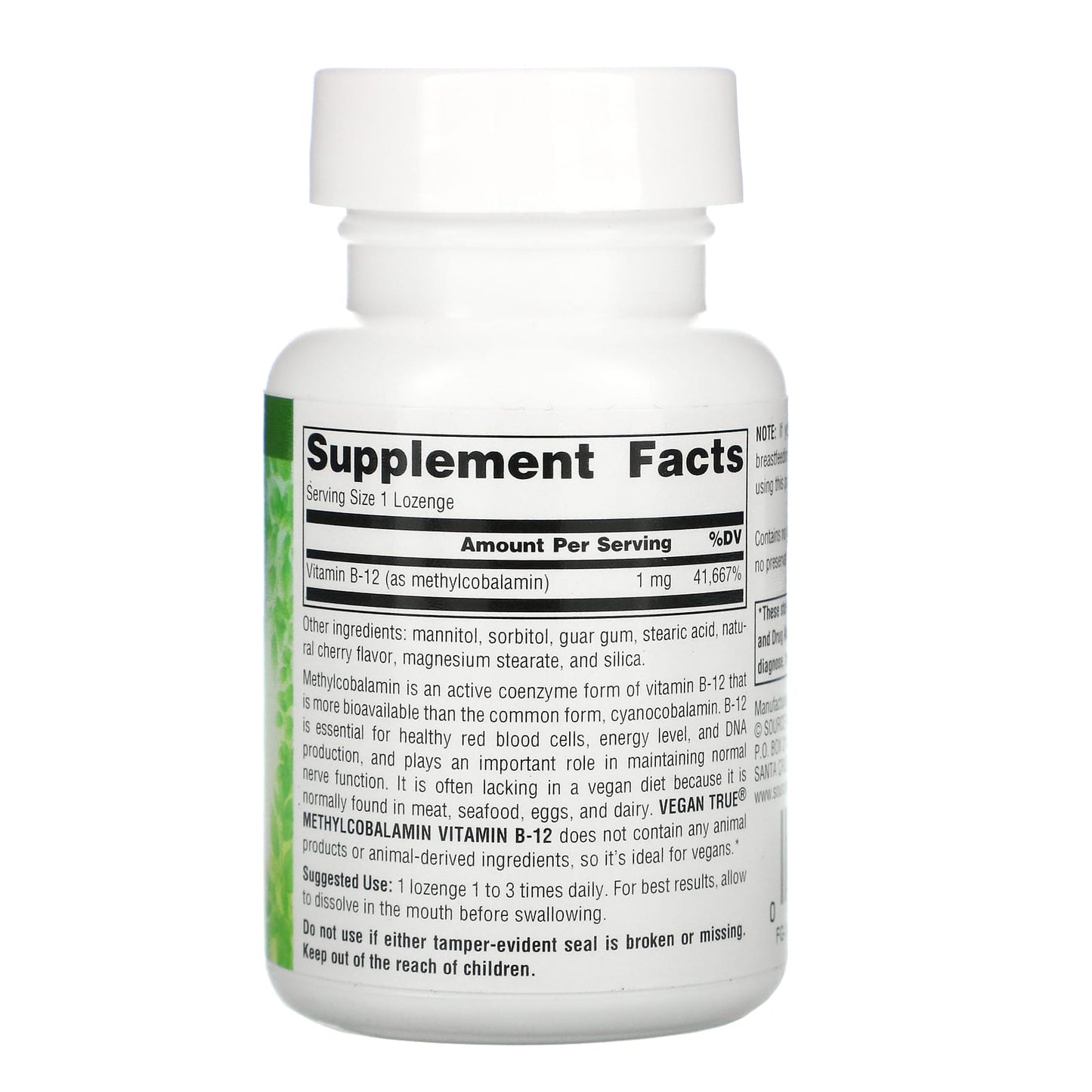 Source Naturals, Vegan True® Methylcobalamin 1 mg Cherry, 60 Tablets UPC 021078025764 | Hilife Vitamins