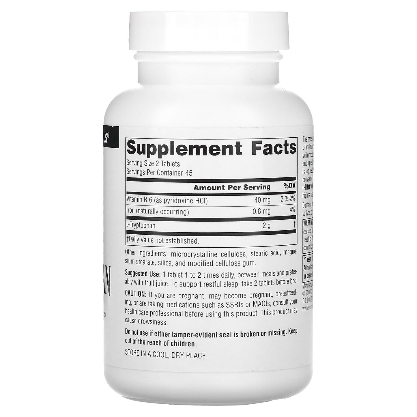 Source Naturals, L-Tryptophan With Vitamin B-6 1000 mg, 90 Tablets UPC 021078026105 | Hilife Vitamins