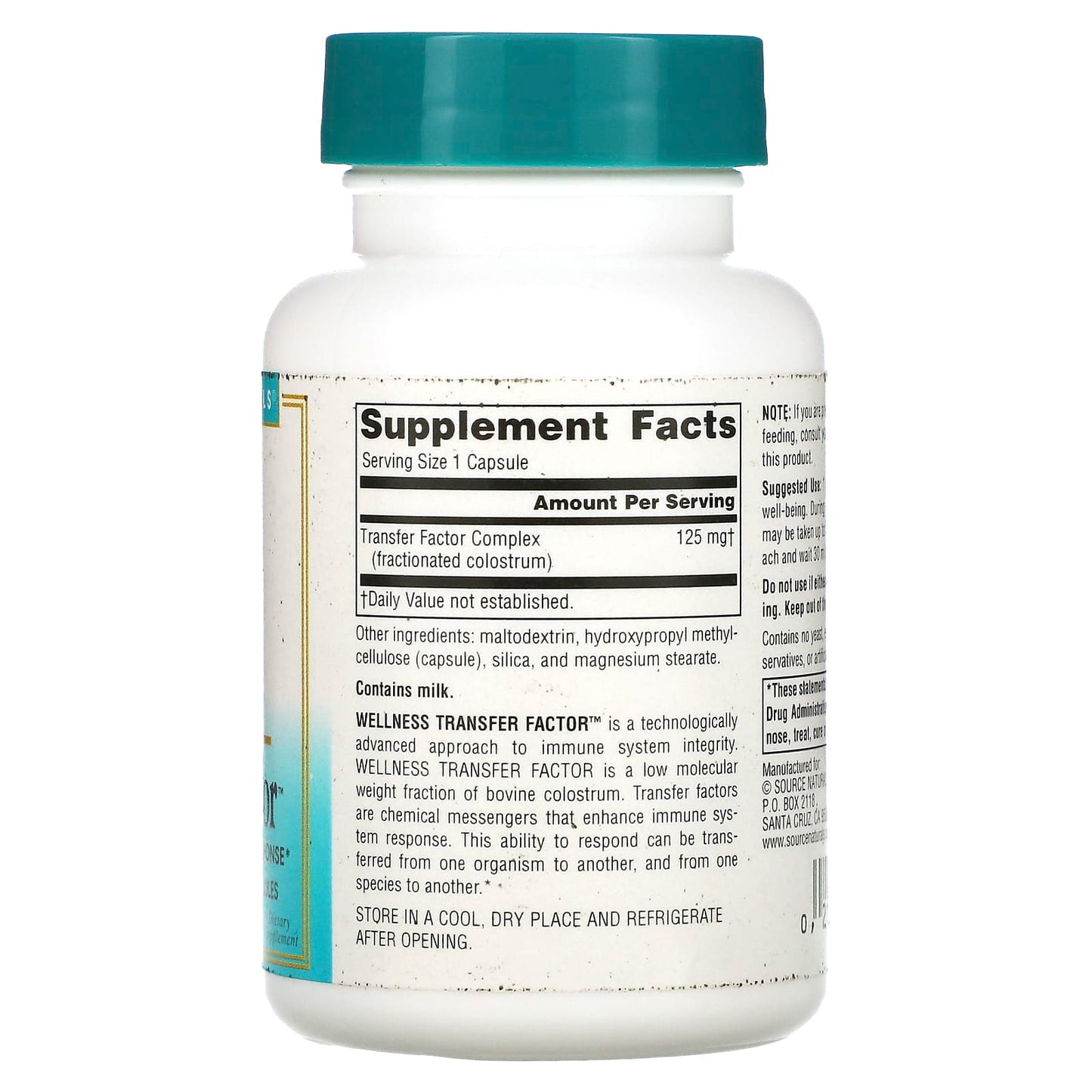 Source Naturals, Wellness Transfer Factor™ 125 mg, 60 Capsules UPC 021078026358 | Hilife Vitamins