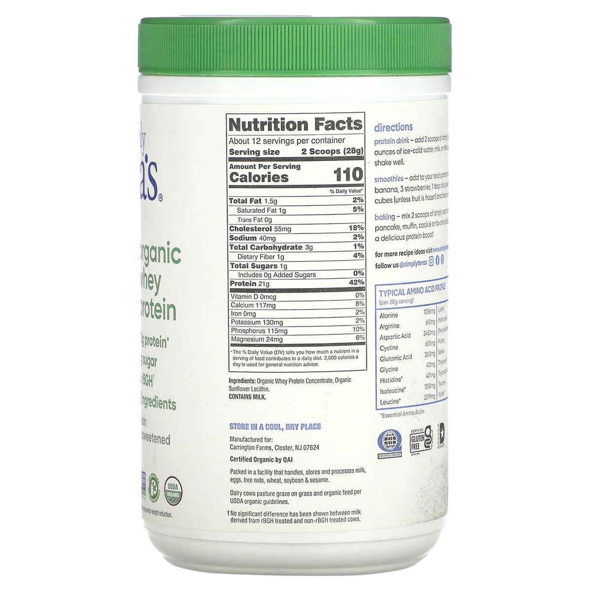 Teras Whey, Organic Cow Whey Plain Unsweetened, 12 Oz UPC 850628002586 | Hilife Vitamins