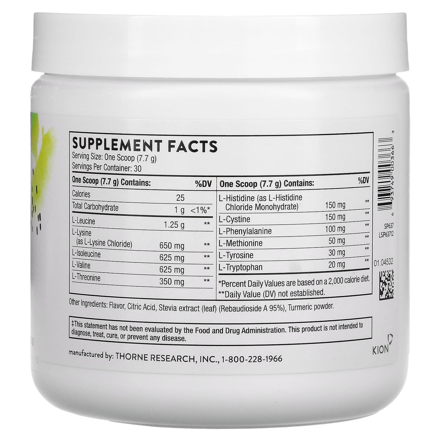 Thorne Research, Amino Complex - Lemon, 7.7 Oz UPC 693749003663 | HiLife Vitamins