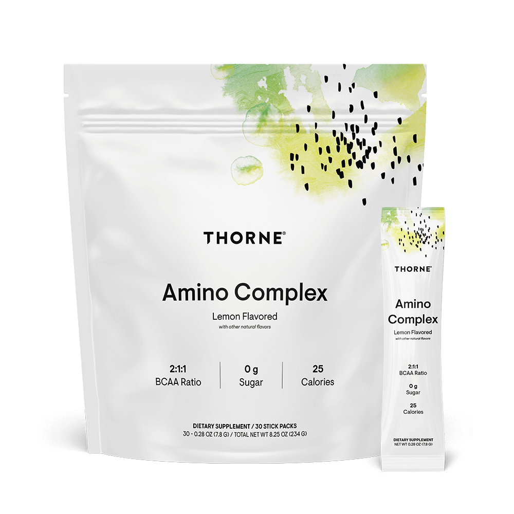 Thorne Research, Amino Complex, Lemon Flavored, 30 Stick Packs, 0.28 oz (7.8 G) UPC 693749015154 | HiLife Vitamins