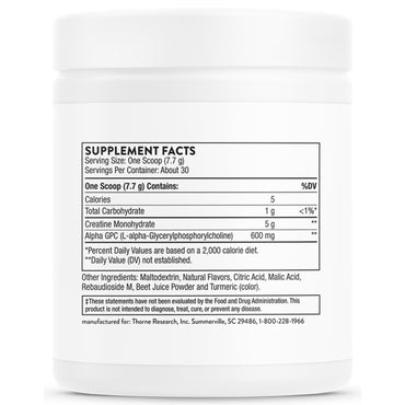 Thorne Research, Creatine + Alpha GPC, 8.1 OZ (231 G) UPC 693749015628 | HiLife Vitamins