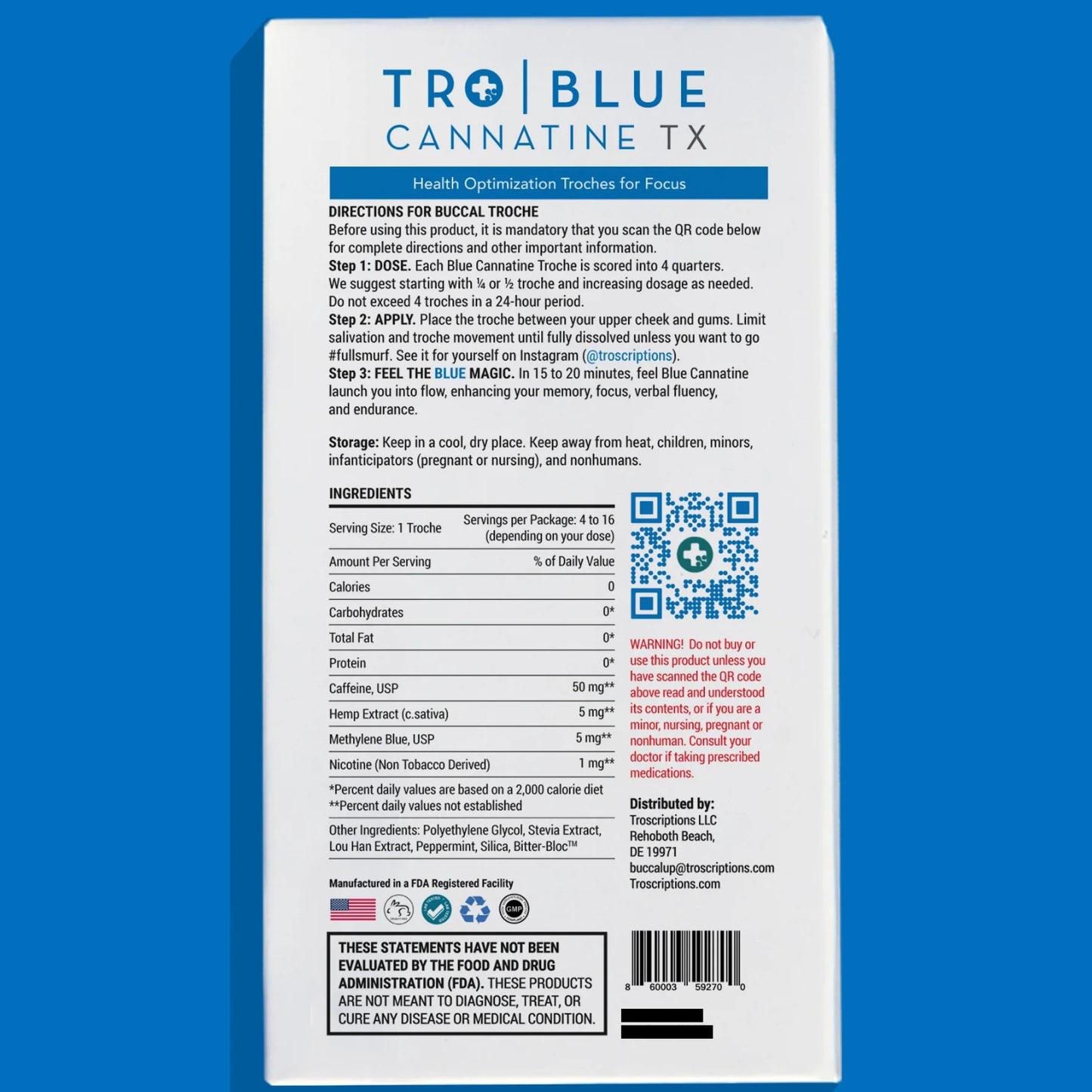 Troscriptions, Blue Cannatine™, 4 Troches UPC 860003592700 | HiLife Vitamins