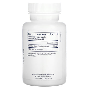 Vital Nutrients, Carnitine, 60 Vegan Capsules UPC 693465106112 | HiLife Vitamins