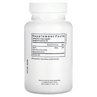 Vital Nutrients, Calcium (Citrate/Malate), 100 Vegan Capsules UPC 693465301111 | HiLife Vitamins