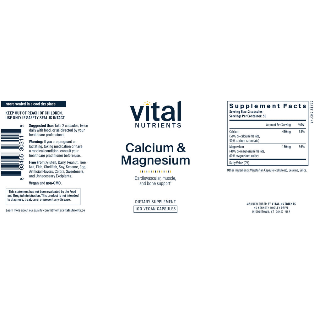 Vital Nutrients, Calcium & Magnesium, 100 Vegan Capsules UPC 693465303115 | HiLife Vitamins