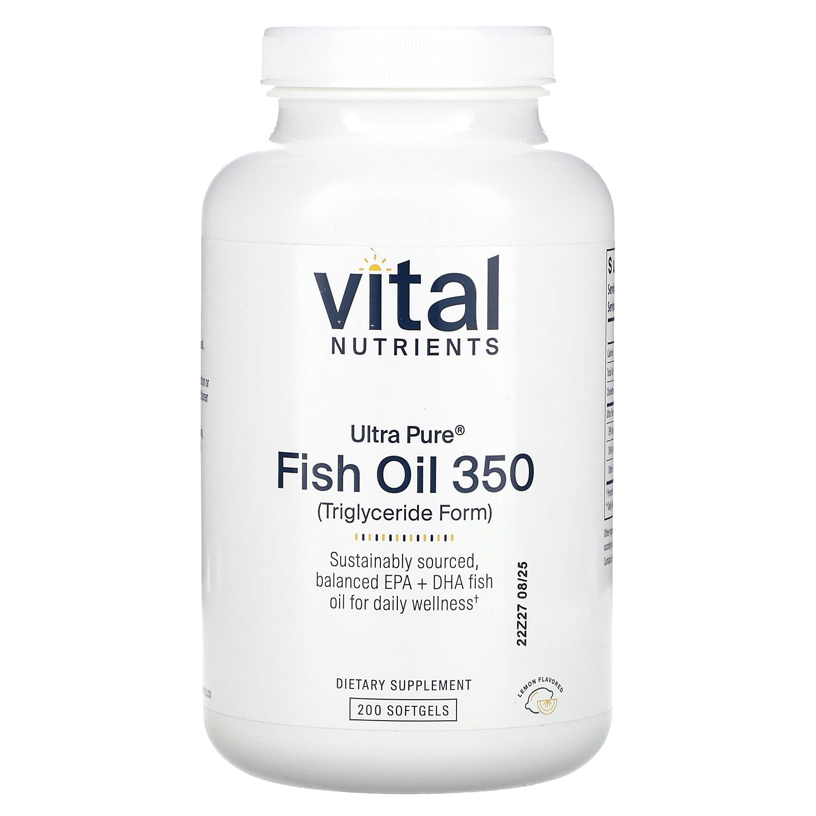 Vital Nutrients, Ultra Pure, Fish Oil 350, Lemon, 200 Softgels UPC 693465412213 | HiLife Vitamins