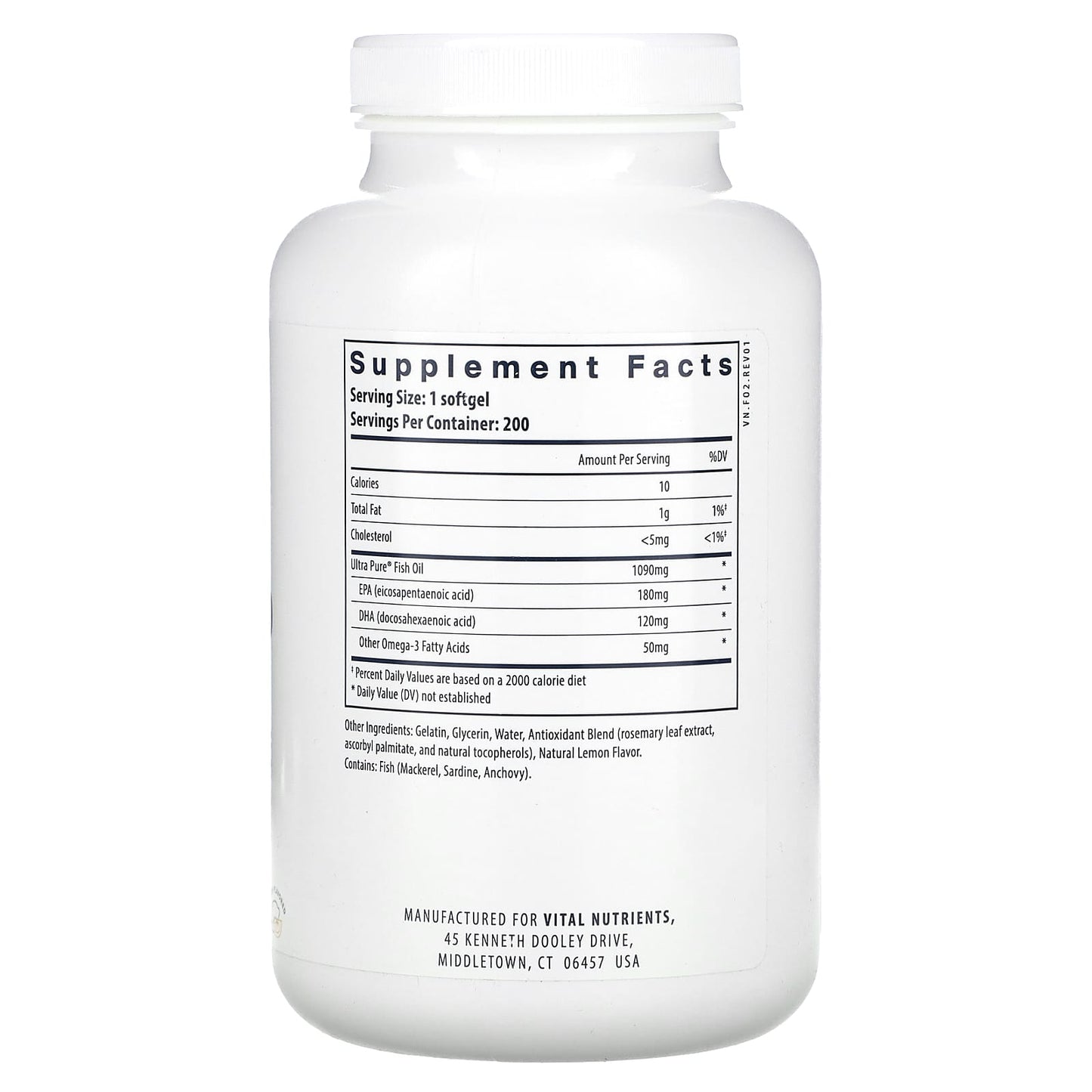 Vital Nutrients, Ultra Pure, Fish Oil 350, Lemon, 200 Softgels UPC 693465412213 | HiLife Vitamins