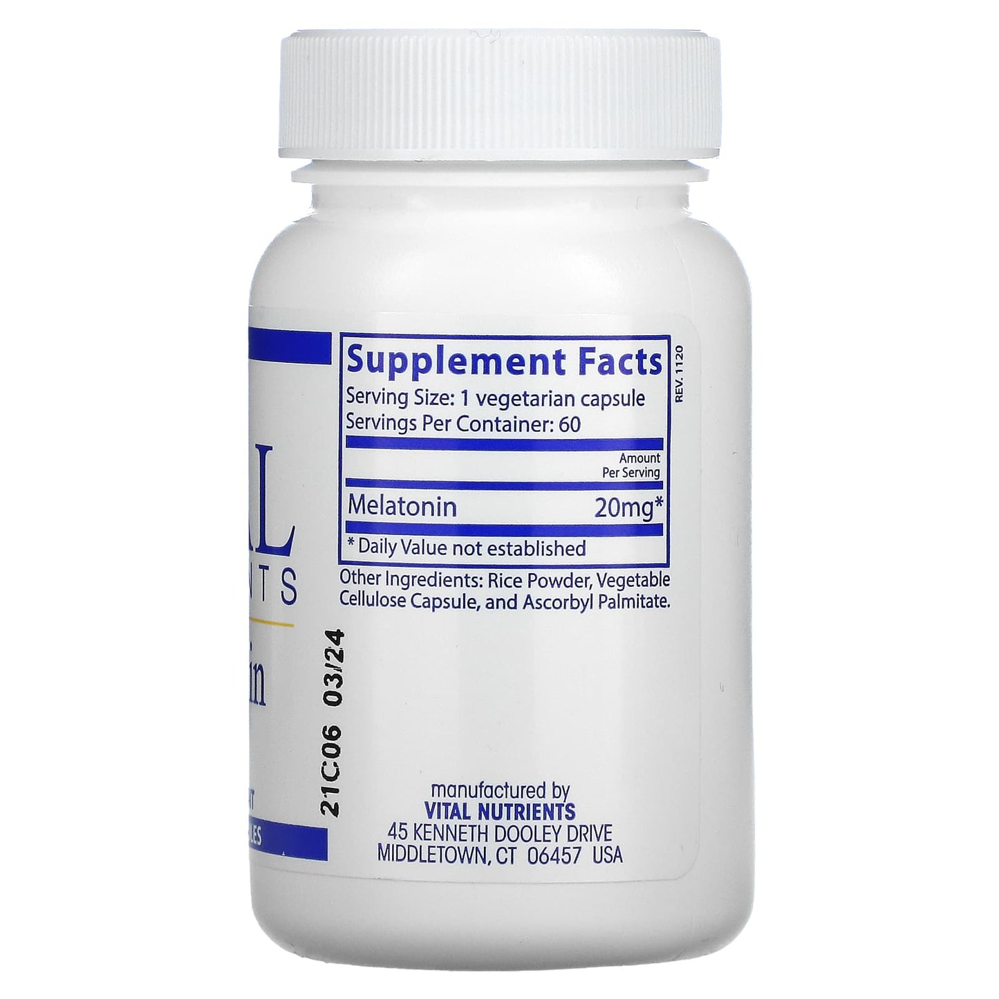 Vital Nutrients, Melatonin - 20 mg, 60 Vegetarian Capsules UPC 693465419113 | HiLife Vitamins