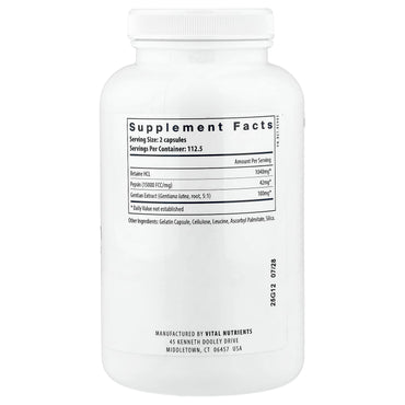 Vital Nutrients, Betaine HCl Pepsin with Gentian Root Extract, 225 Capsules UPC 693465425114 | Hilife Vitamins