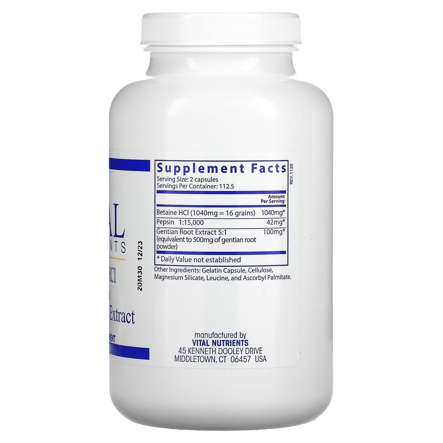 Vital Nutrients, Betaine HCl, Pepsin, Gentian Root Extract, 225 Capsules UPC 693465425114 | HiLife Vitamins