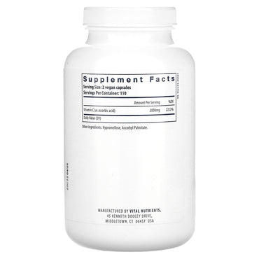 Vital Nutrients, Vitamin C Pure Ascorbic Acid, 220 Vegan Capsules UPC 693465517116 | HiLife Vitamins
