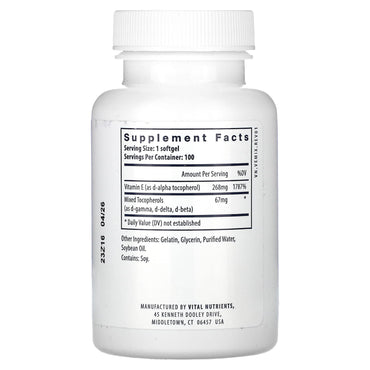 Vital Nutrients, Vitamin E With Mixed Tocopherols, 100 Softgels UPC 693465521113 | HiLife Vitamins