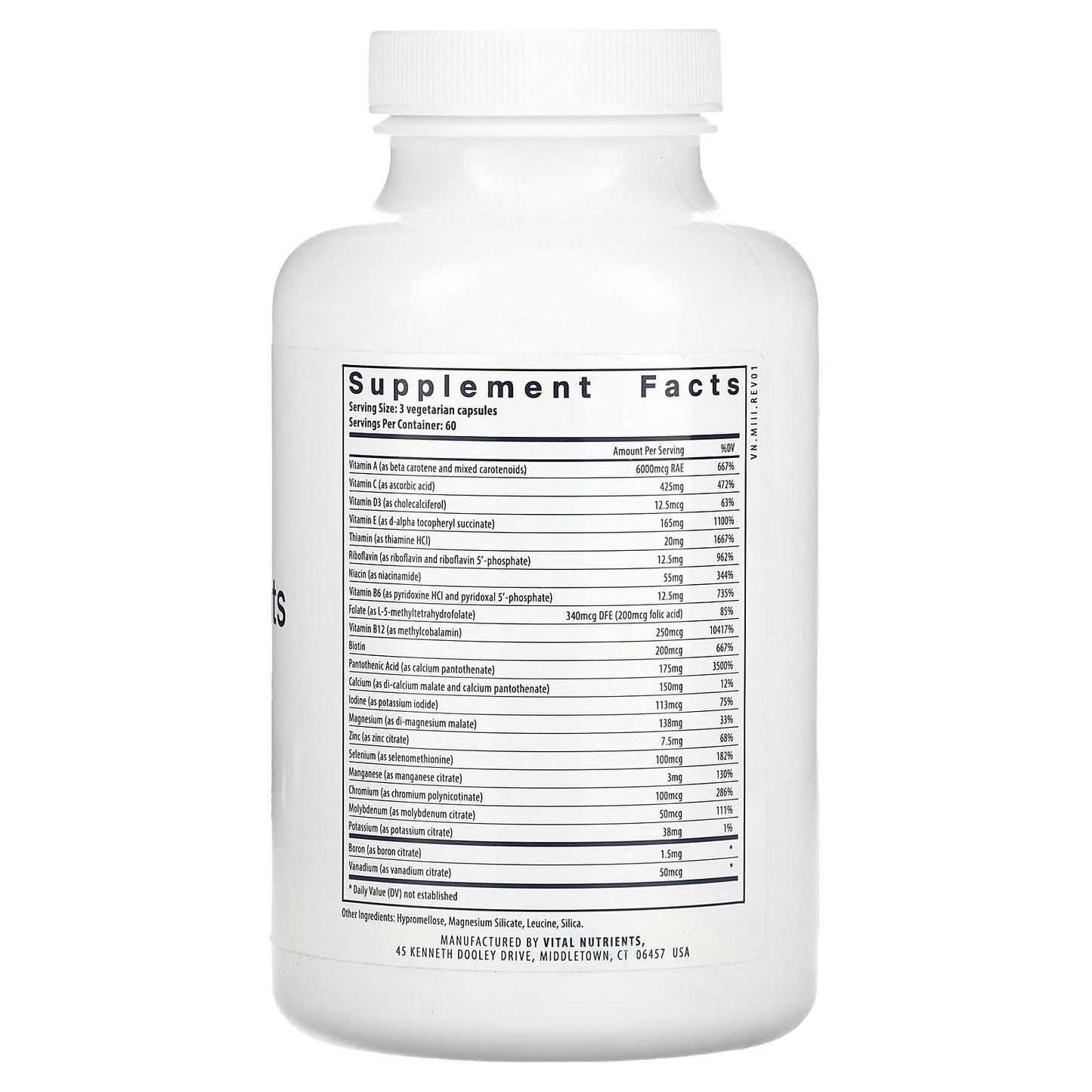 Vital Nutrients, Multi-Nutrients Citrate/Malate (Without Copper & Without Iron), 180 Vegetarian Capsules UPC 693465525111 | HiLife Vitamins