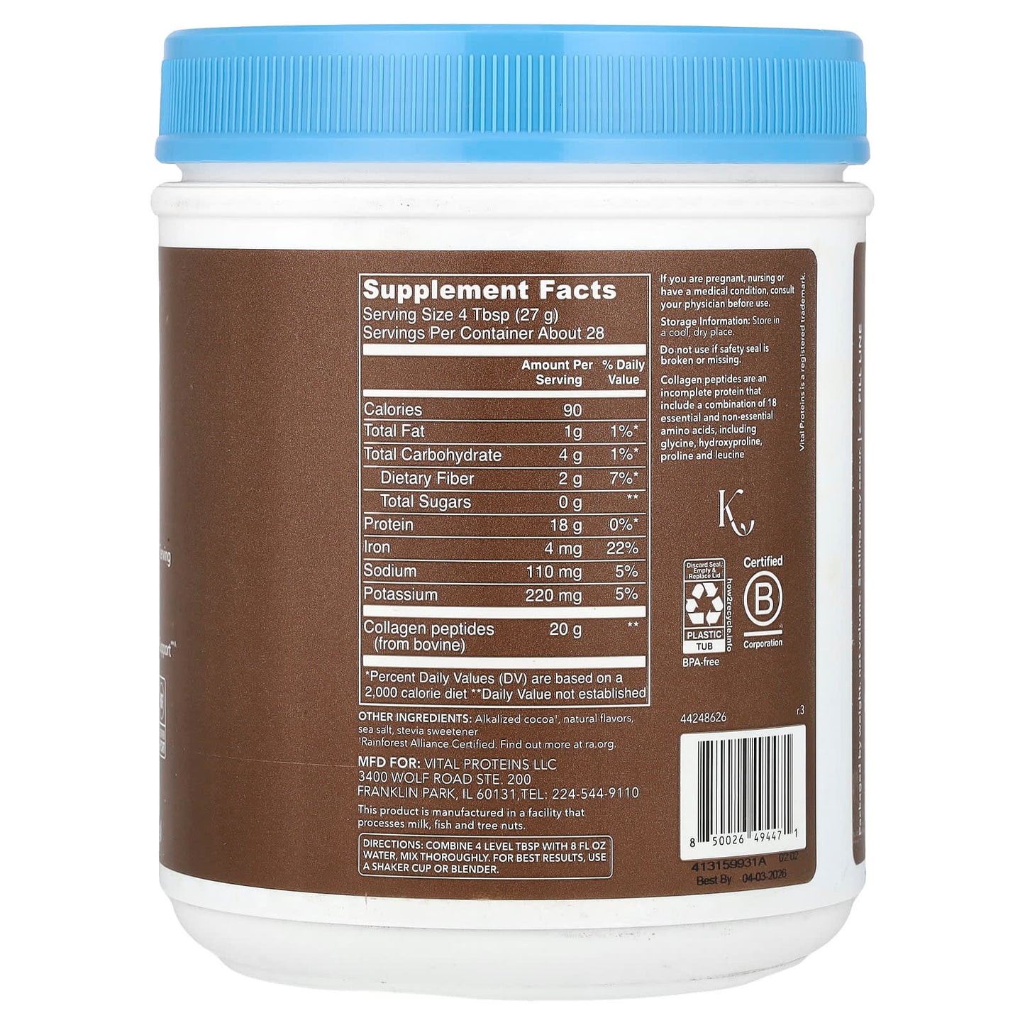 Vital Proteins, Collagen Peptides, Chocolate, 26.8 oz (761 g) UPC 850026494471 | HiLife Vitamins