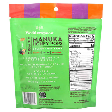Wedderspoon, Organic Manuka Honey Variety Pak Lollipops, 24 lollipops UPC 814422022423 | Hilife Vitamins