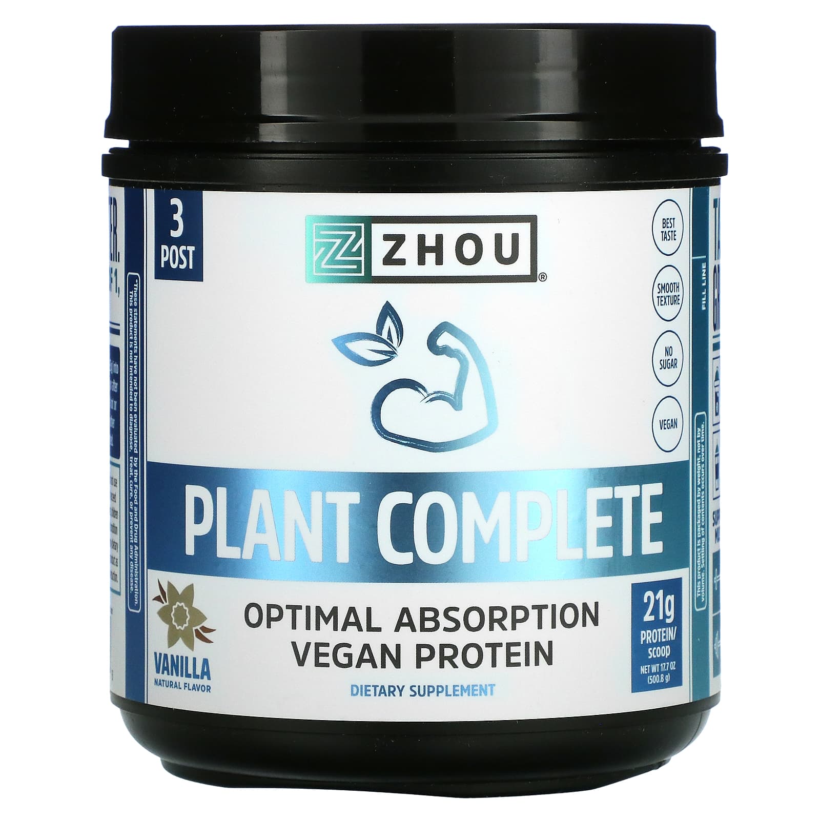 Zhou Nutrition, Plant Complete, Optimal Absorption Vegan Protein, Vanilla, 17.7 oz (500.8 g) UPC 669191721486 | HiLife Vitamins