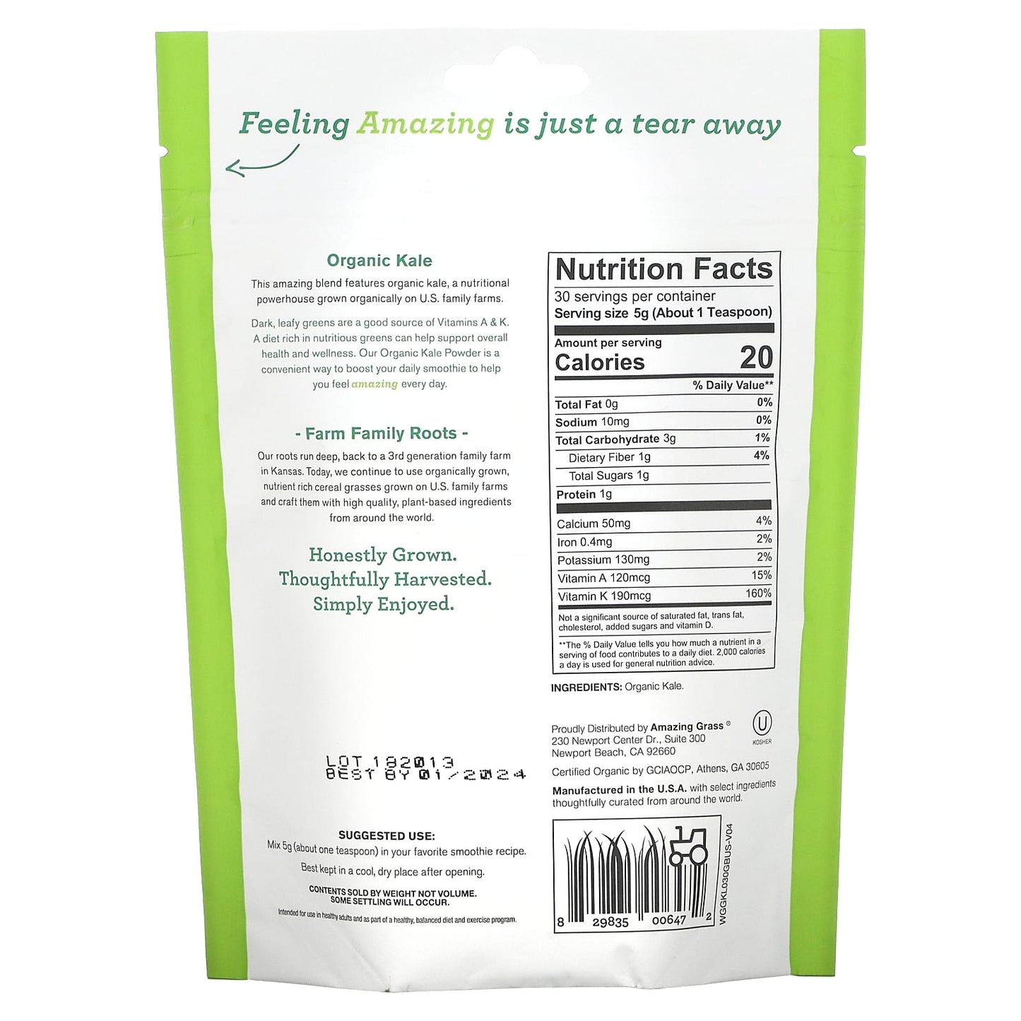 Amazing Grass, Organic Kale Powder, 5.29 Oz UPC 829835006472 | HiLife Vitamins