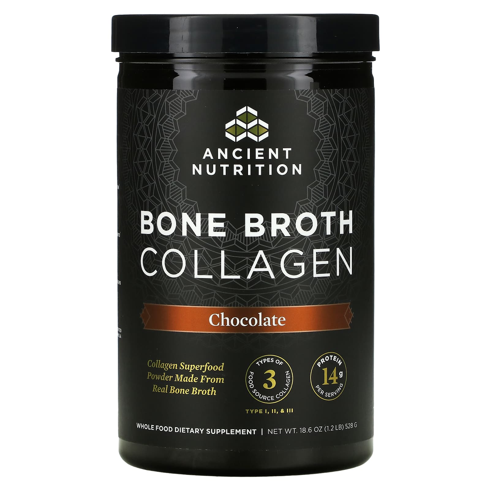 Ancient Nutrition, Bone Broth Collagen Chocolate, 18.6 Oz UPC 816401020406 | HiLife Vitamins
