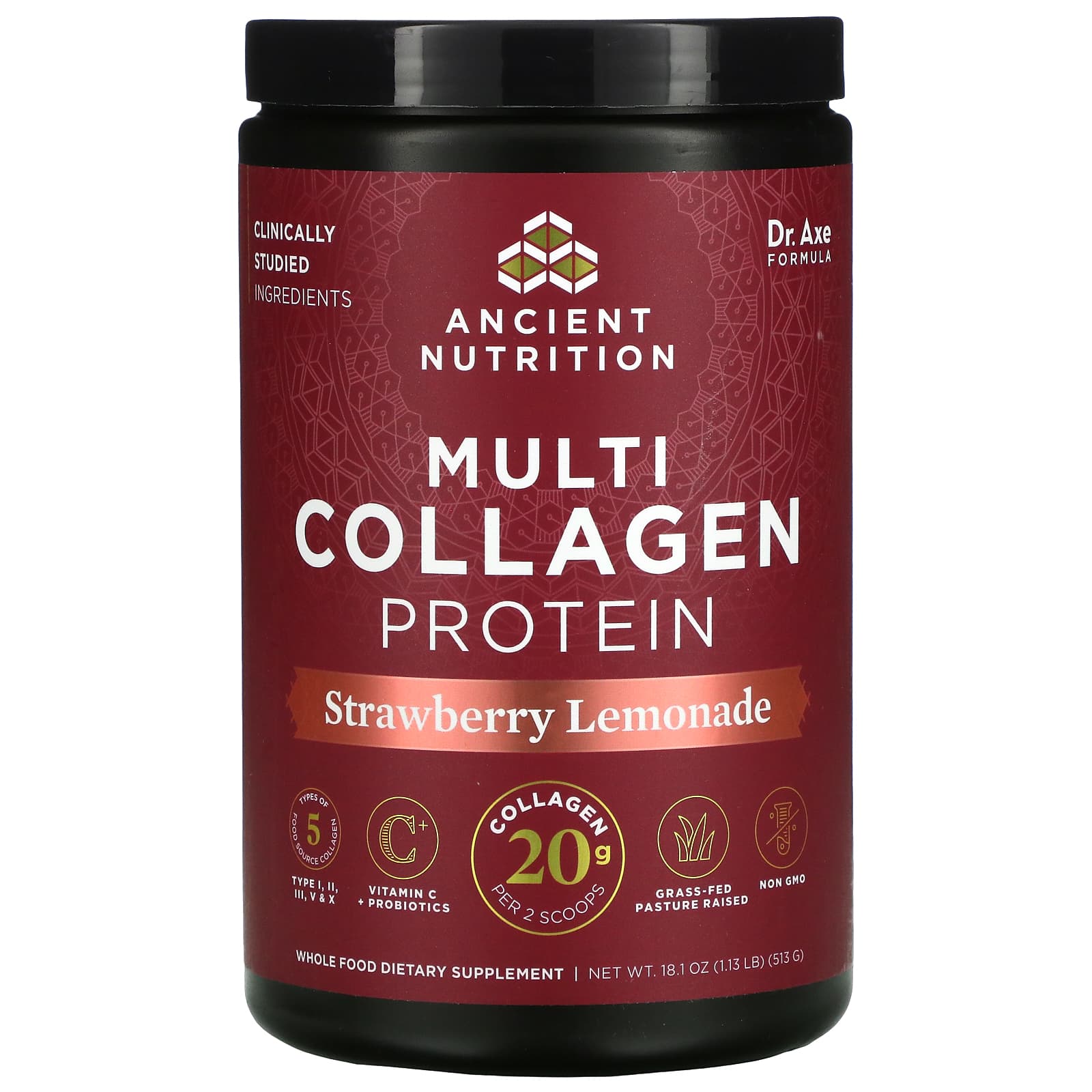 Ancient Nutrition, Multi Collagen Protein Strawberry Lemonade, 18.9 Oz UPC 816401021823 | HiLife Vitamins