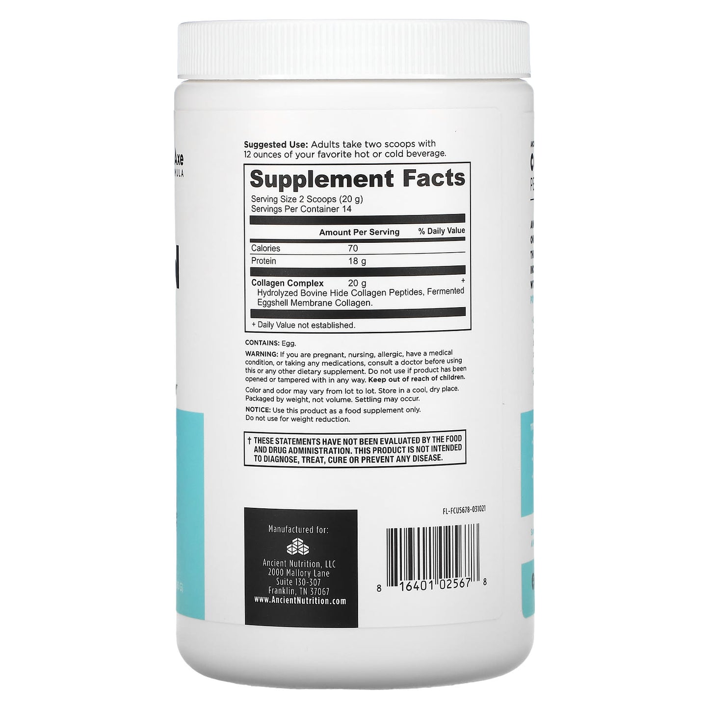 Ancient Nutrition, Collagen Peptides, Unflavored, 9.88 oz UPC 816401025678 | HiLife Vitamins