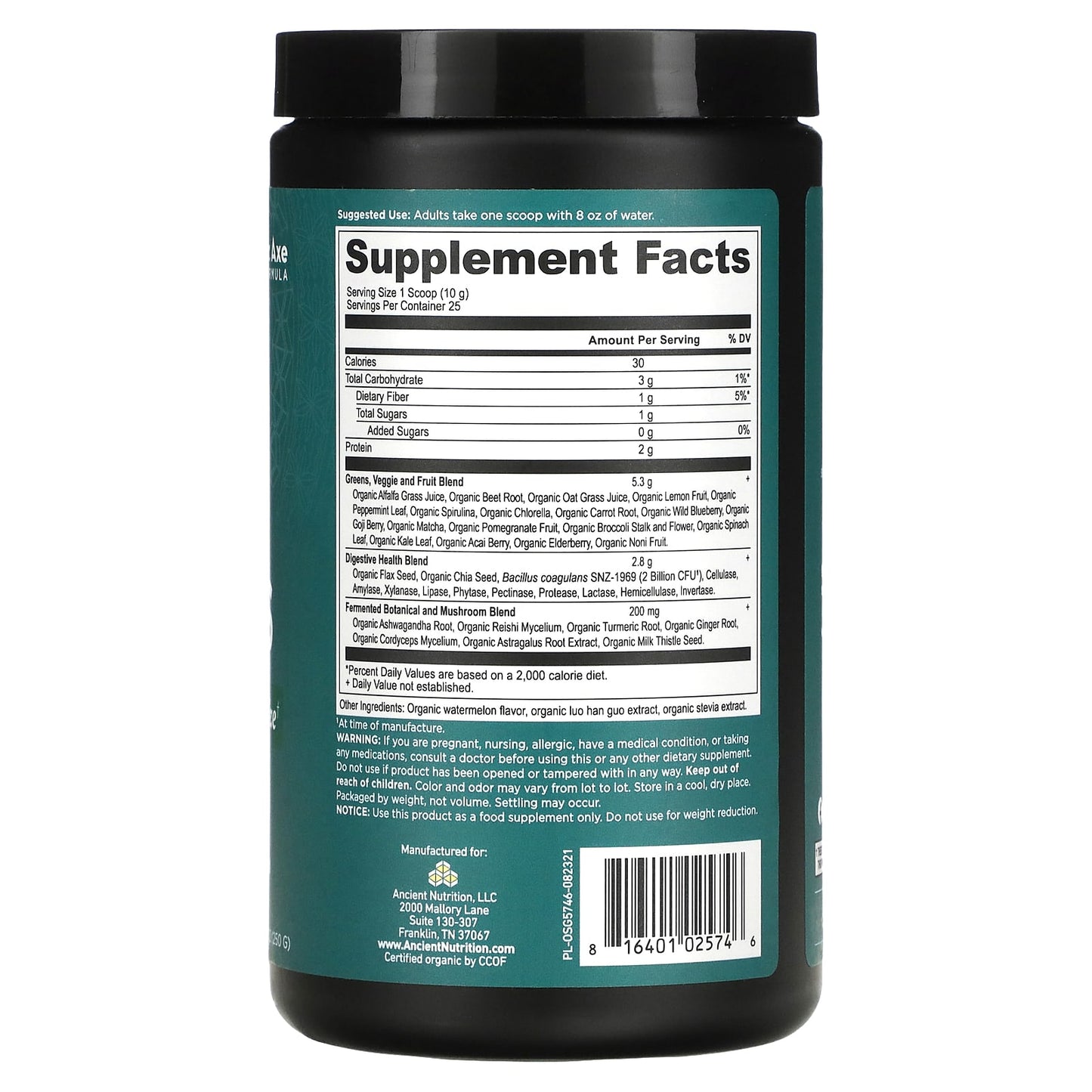 Ancient Nutrition, Organic SuperGreens, Watermelon Flavor, 8.82 oz UPC 816401025746 | HiLife Vitamins