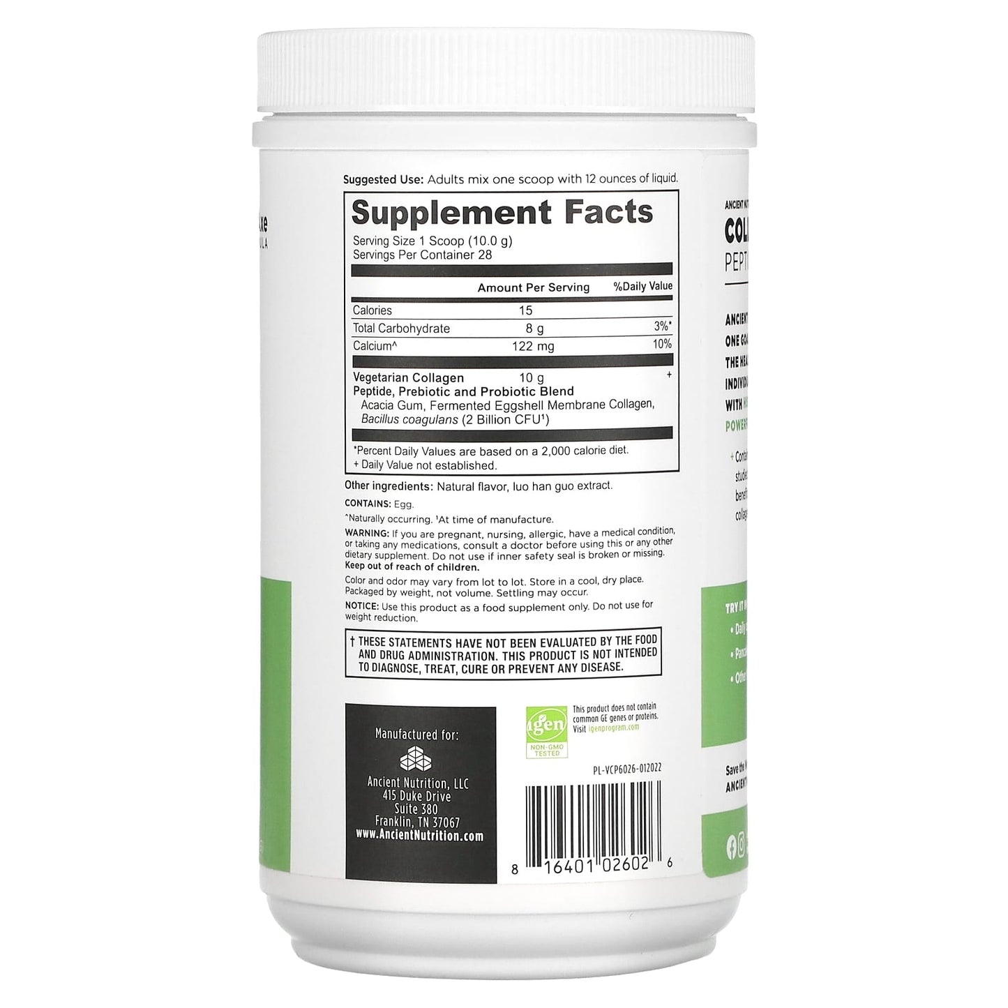 Ancient Nutrition, Vegetarian Collagen Peptides Powder, 9.9 OZ UPC 816401026026 | HiLife Vitamins