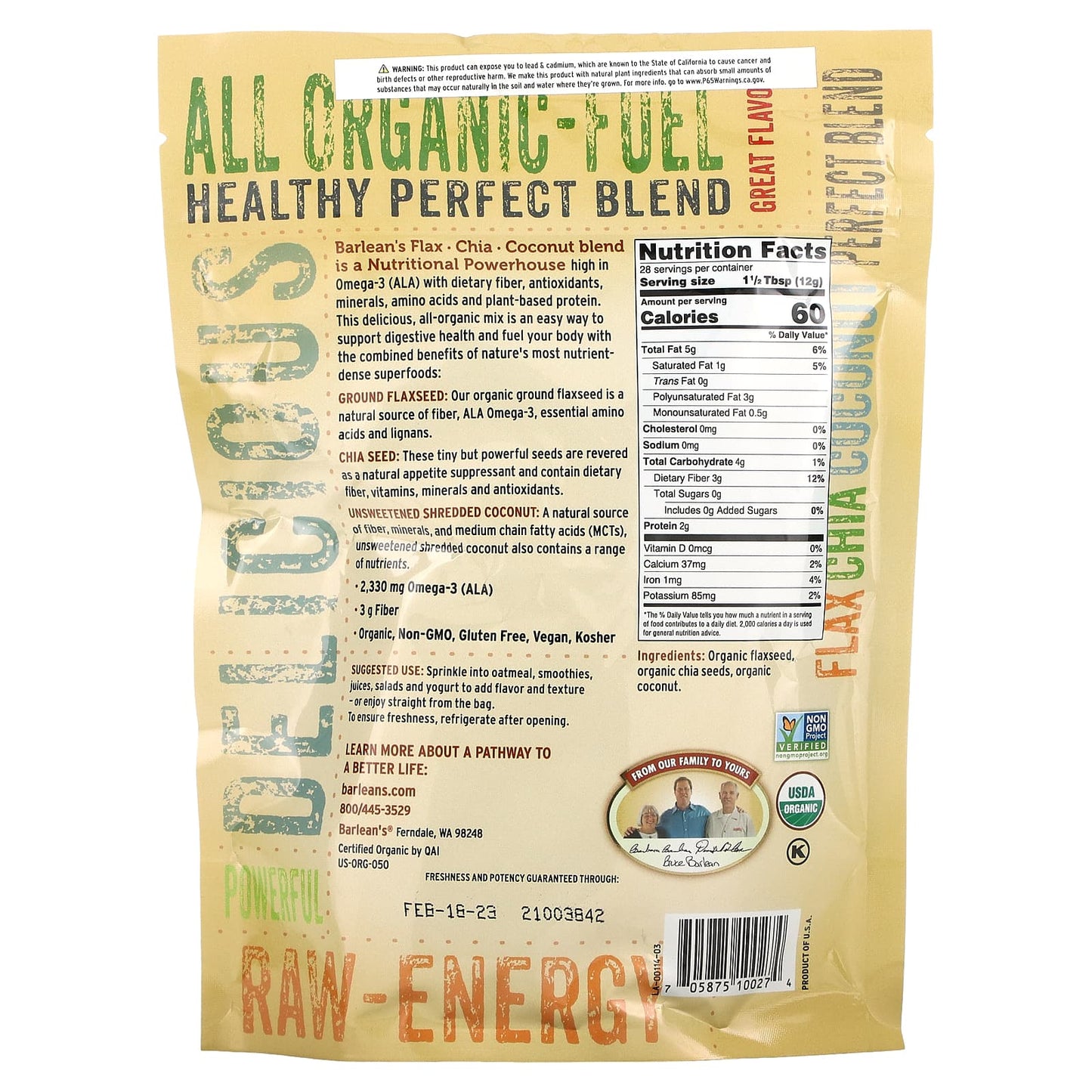 Barlean's, Flax·Chia·Coconut Blend Pouch, 12 Oz liquid UPC 705875100274 | HiLife Vitamins