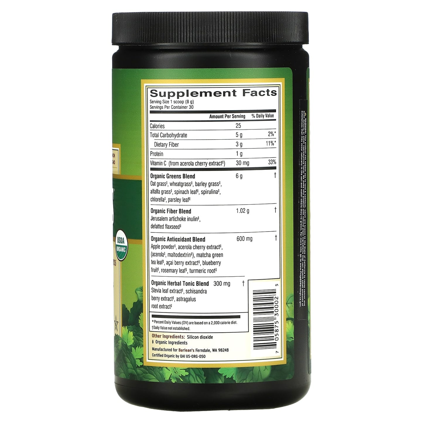 Barlean's, Organic Greens, 8.47 Oz UPC 705875300025 | HiLife Vitamins