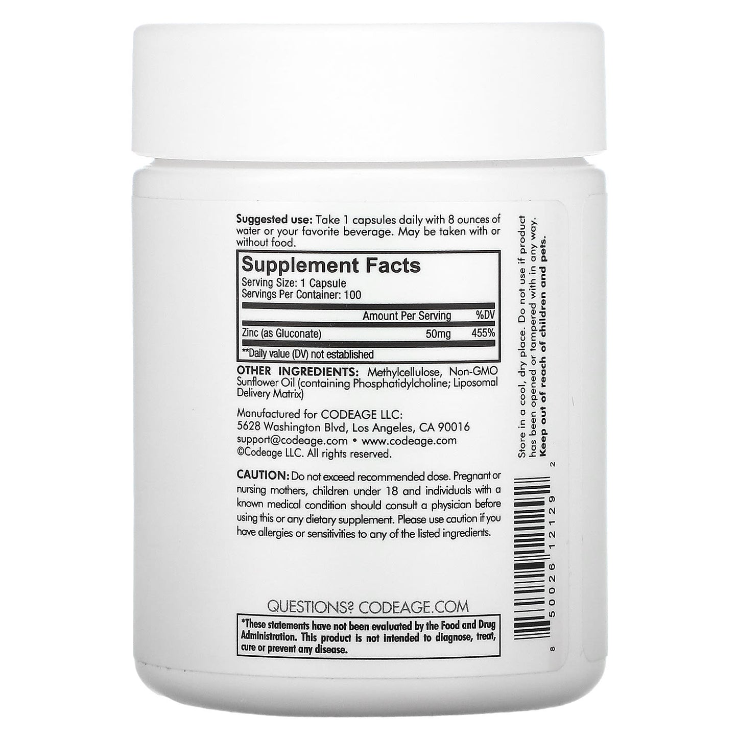 Codeage, Liposomal Zinc, 100 capsules UPC 850026121292 | HiLife Vitamins