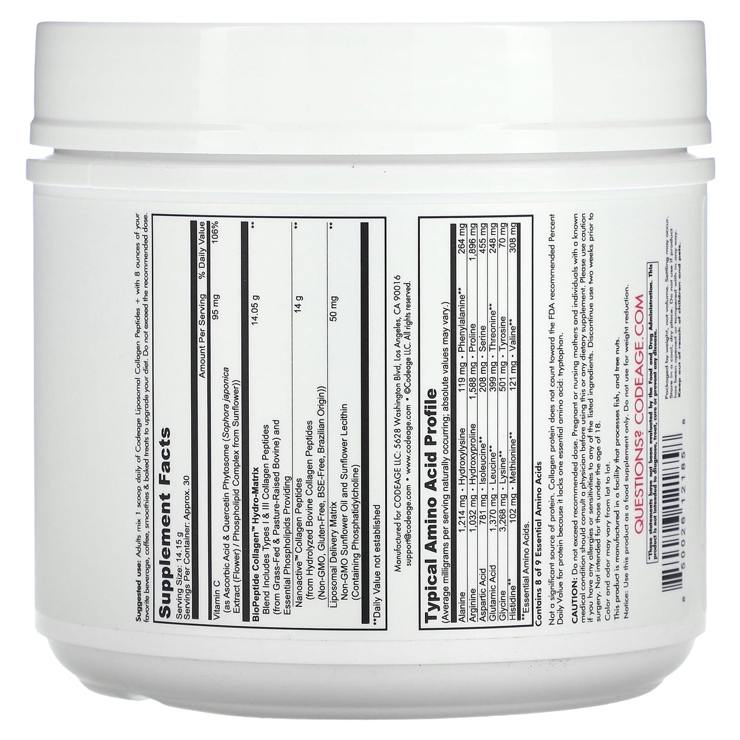 Codeage, Liposomal Collagen Peptides +, 1 Scoop powder UPC 850026121858 | HiLife Vitamins