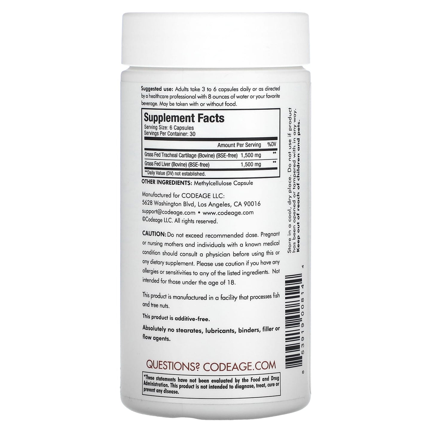Codeage, Beef Tracheal Cartilage, 180 capsules UPC 853919008144 | HiLife Vitamins