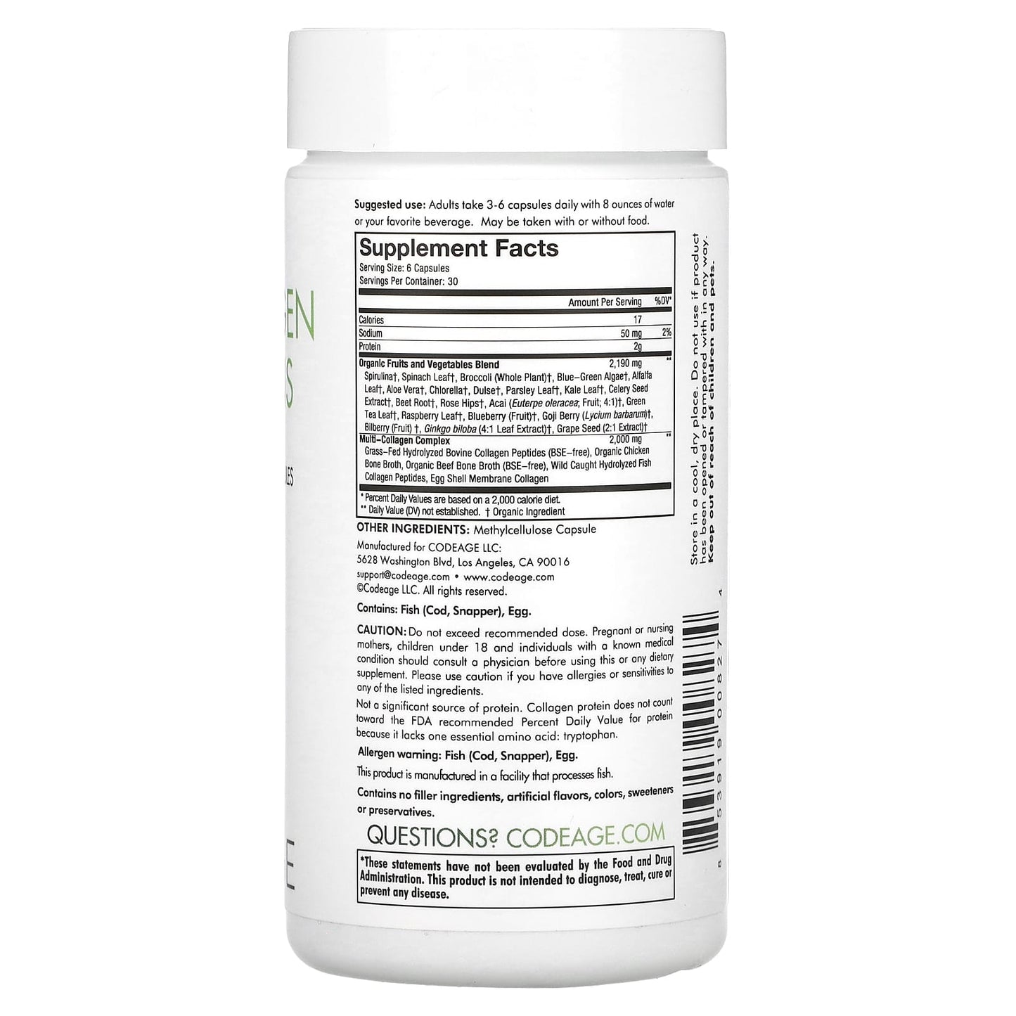 Codeage, Multi Collagen Protein Raw Greens, 180 capsules UPC 853919008274 | HiLife Vitamins