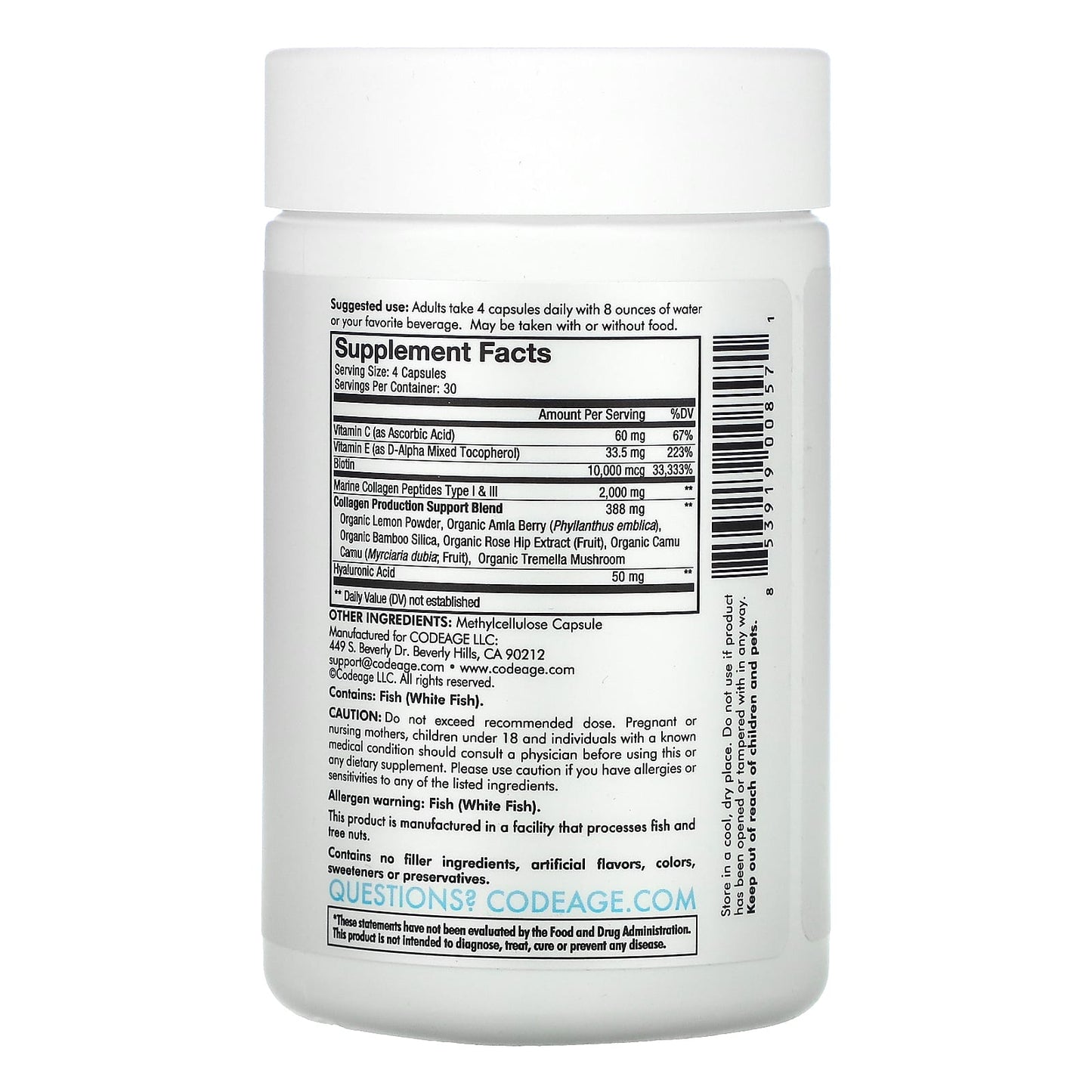 Codeage, Biotin Marine Collagen Capsules, 120 capsules UPC 853919008571 | HiLife Vitamins