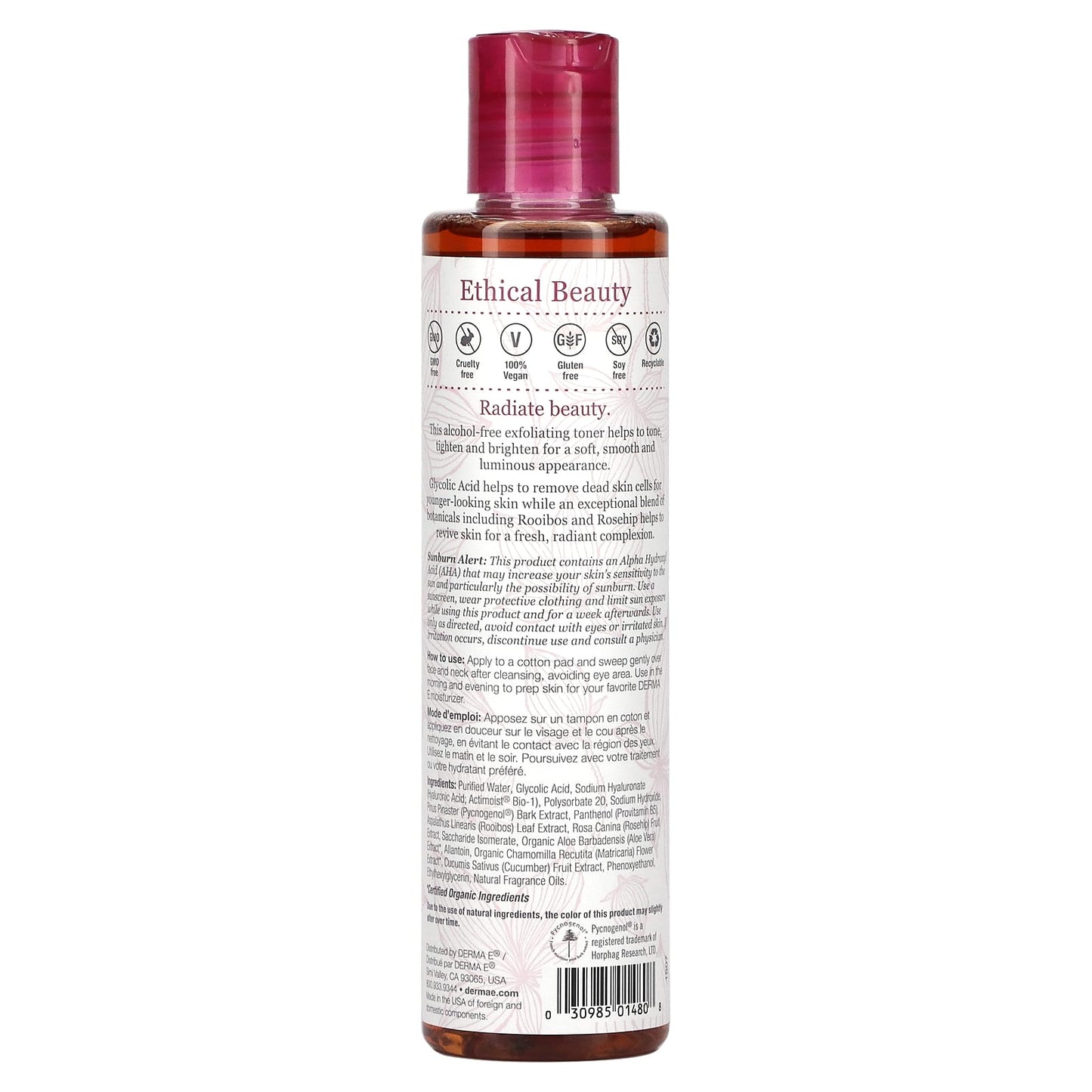 DERMA E., Essentials, Radiance Toner, Glycolic Acid & Rooibos, 6 fl oz (175 ml) UPC 030985014808 | HiLife Vitamins