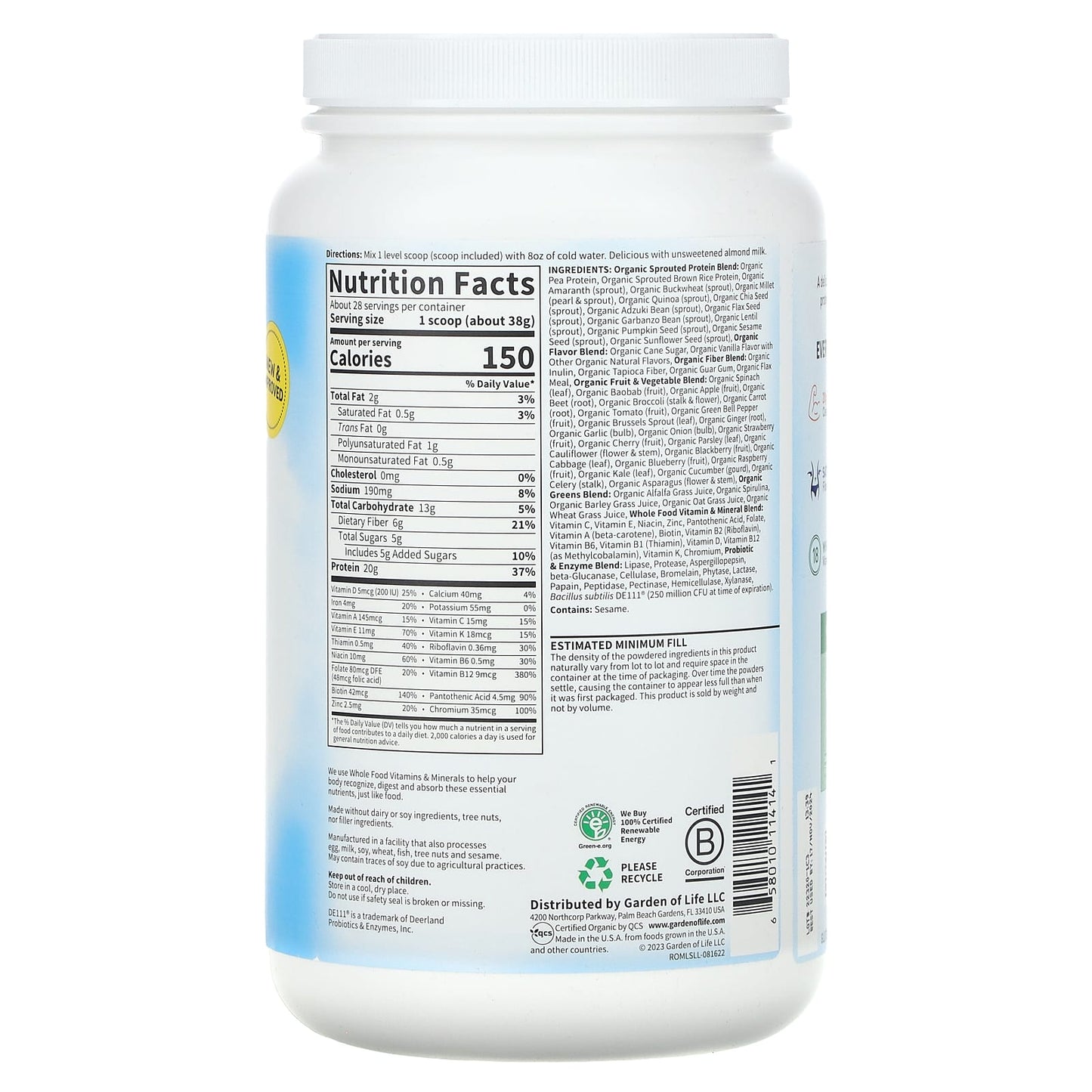 Garden of Life, RAW Organic, Meal Replacement Shake, Lightly Sweet, 37.53 oz (1,064 g) UPC 658010114141 | HiLife Vitamins