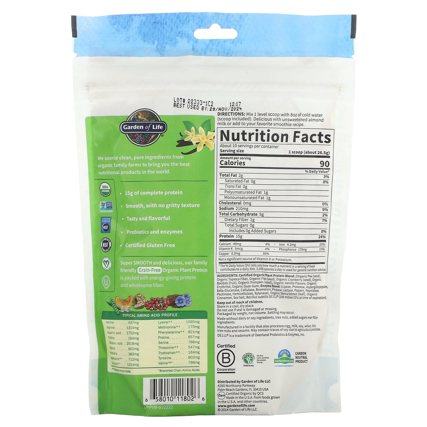 Garden of Life, Organic Plant protein smooth vanilla Powder, 9.4 oz UPC 658010118026 | HiLife Vitamins