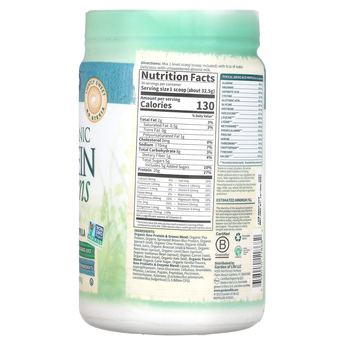 Garden of Life, Raw Protein & Greens Lightly Sweet Powder, 22.92 oz UPC 658010118682 | HiLife Vitamins