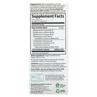 Garden of Life, Baby, Probiotic, 4 Billion CFU, 1.9 fl oz UPC 658010125239 | HiLife Vitamins
