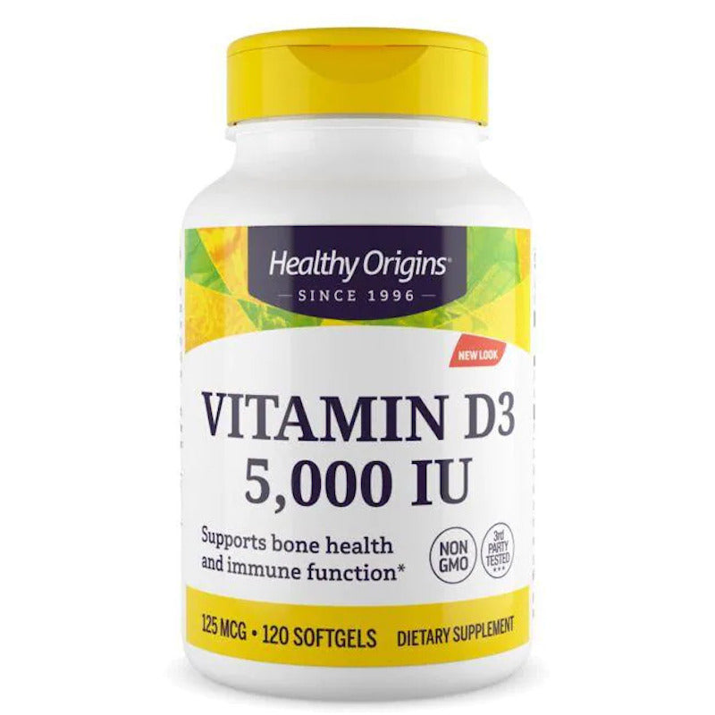 Healthy Origins, Vitamin D3 5,000 IU Pure Cold Press Olive Oil, 120 Softgels UPC 603573153342 | HiLife Vitamins