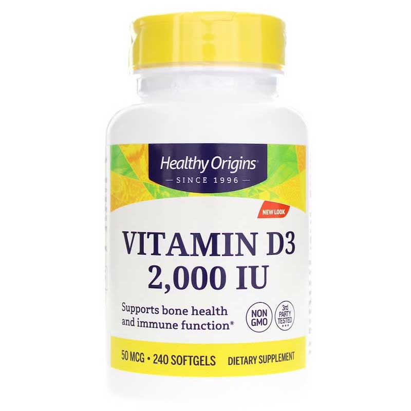 Healthy Origins, Vitamin D3 2000 IU Pure Cold Press Olive Oil, 240 Softgels UPC 603573153762 | HiLife Vitamins