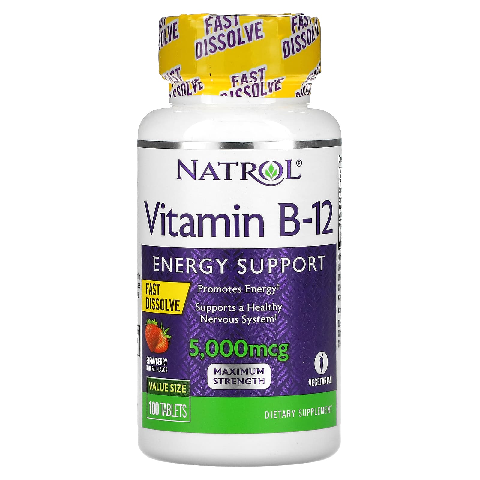 Natrol, Vitamin B-12, Fast Dissolve, Maximum Strength, Strawberry, 5,000 mcg, 100 Tablets UPC 047469066727 | HiLife Vitamins