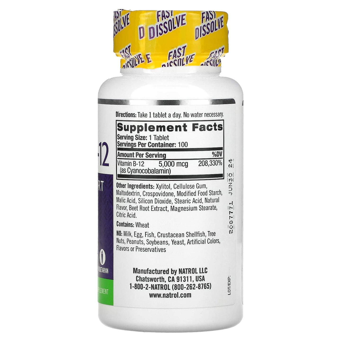 Natrol, Vitamin B-12, Fast Dissolve, Maximum Strength, Strawberry, 5,000 mcg, 100 Tablets UPC 047469066727 | HiLife Vitamins