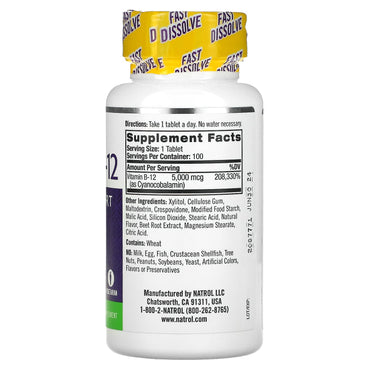 Natrol, Vitamin B-12, Fast Dissolve, Maximum Strength, Strawberry, 5,000 mcg, 100 Tablets UPC 047469066727 | HiLife Vitamins