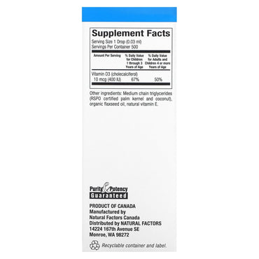 Natural Factors, Vitamin D3 Drops for Kids, Unflavored,, 0.5 Oz Drops UPC 068958010588 | HiLife Vitamins