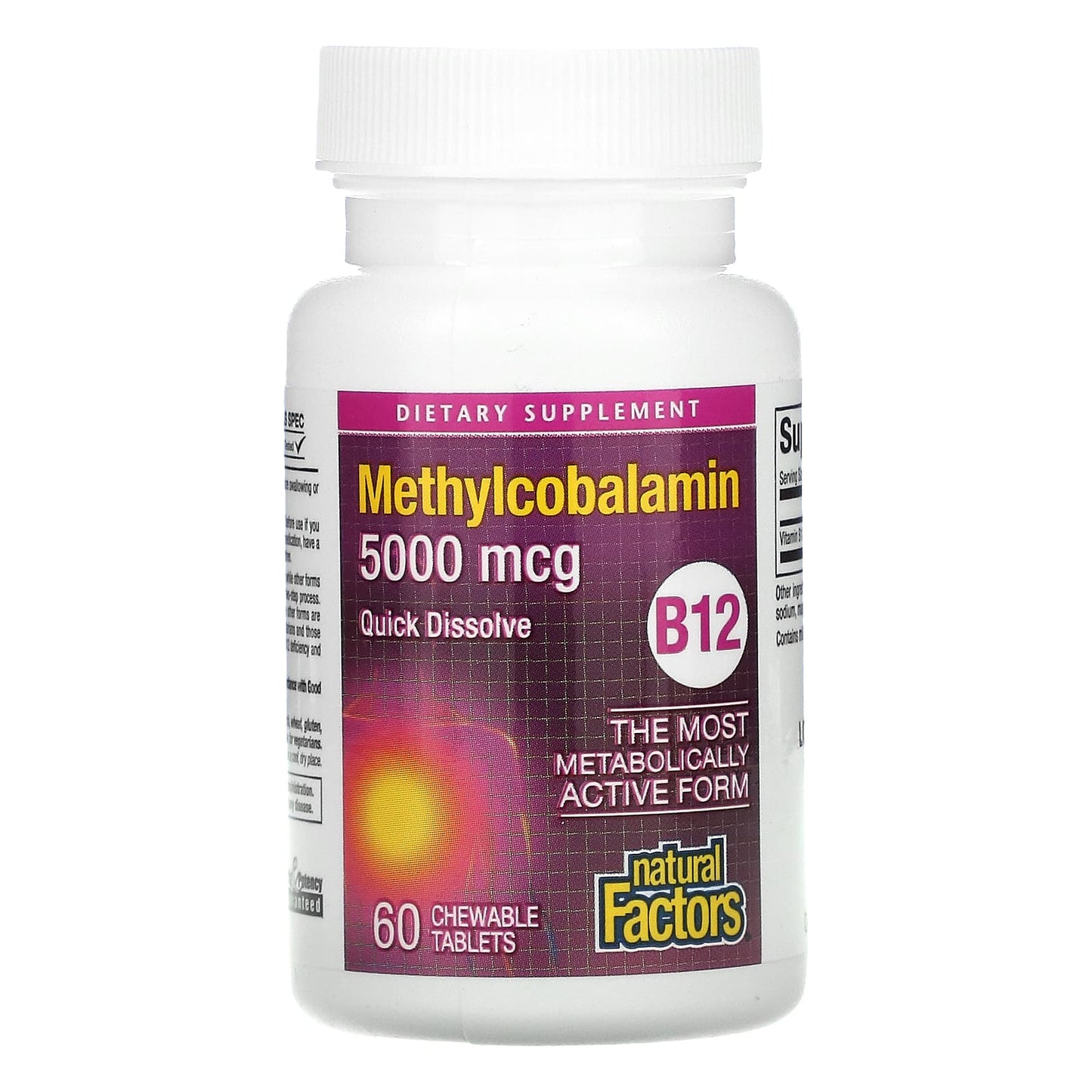 Natural Factors, B12, Methylcobalamin, 5,000 mcg, 60 Chewables UPC 068958012476 | HiLife Vitamins