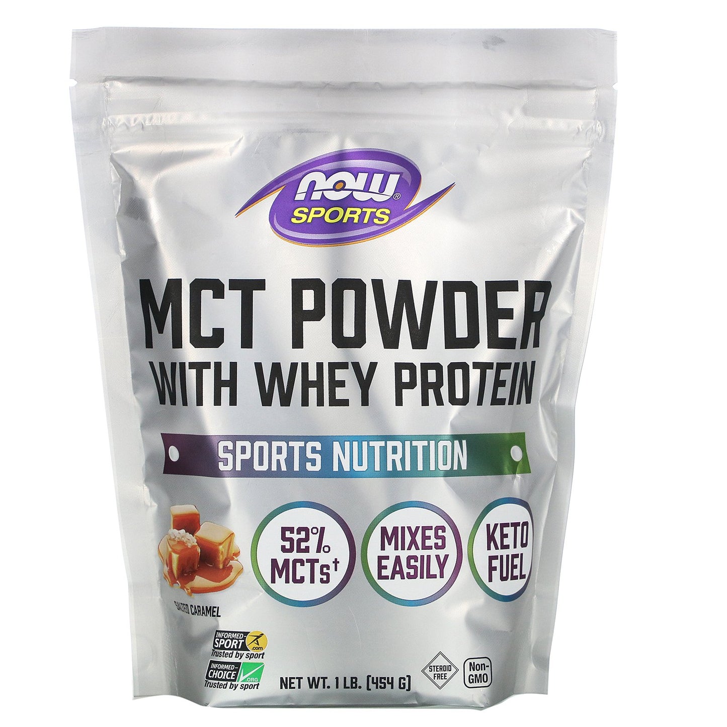 Now Foods, MCT POWDER W/ WHEY PROTEIN SALTED CARAMEL, 1 LB UPC 733739017383 | HiLife Vitamins
